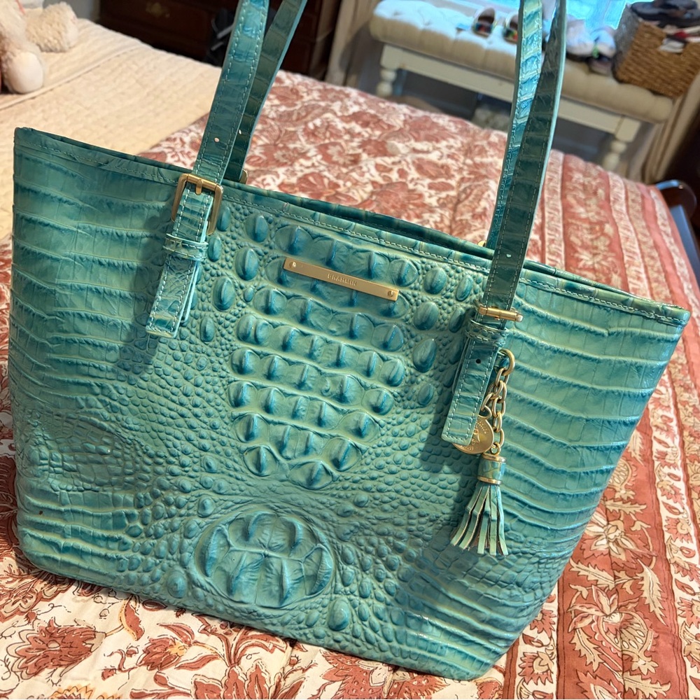 Brahmin Turquoise Crocodile Embossed Tote Bag
